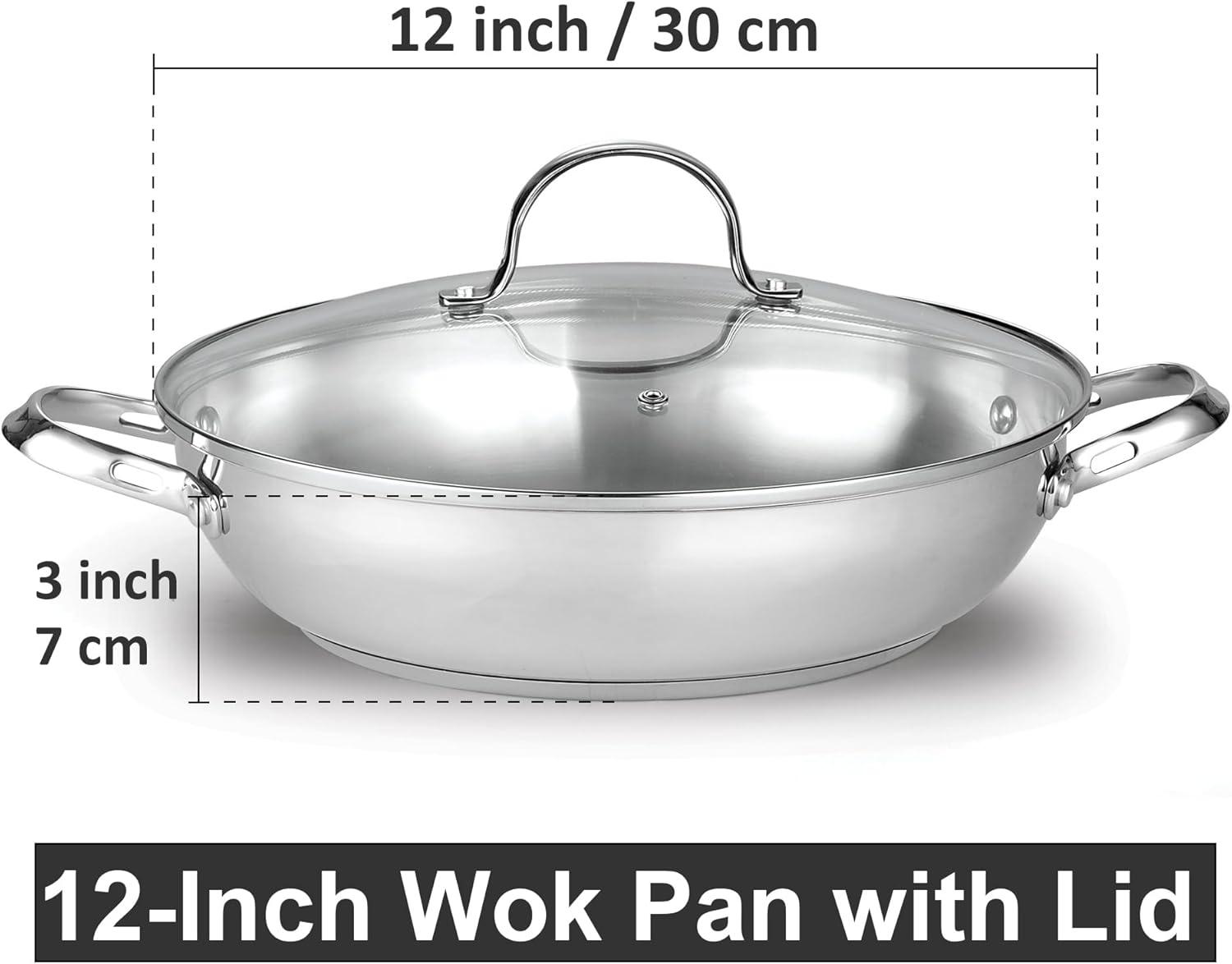 Cooks Standard Wok Stir Fry Pan with Glass Lid, Classic Stainless Steel 12-Inch/30cm Everyday Chef's Pan, Silver
