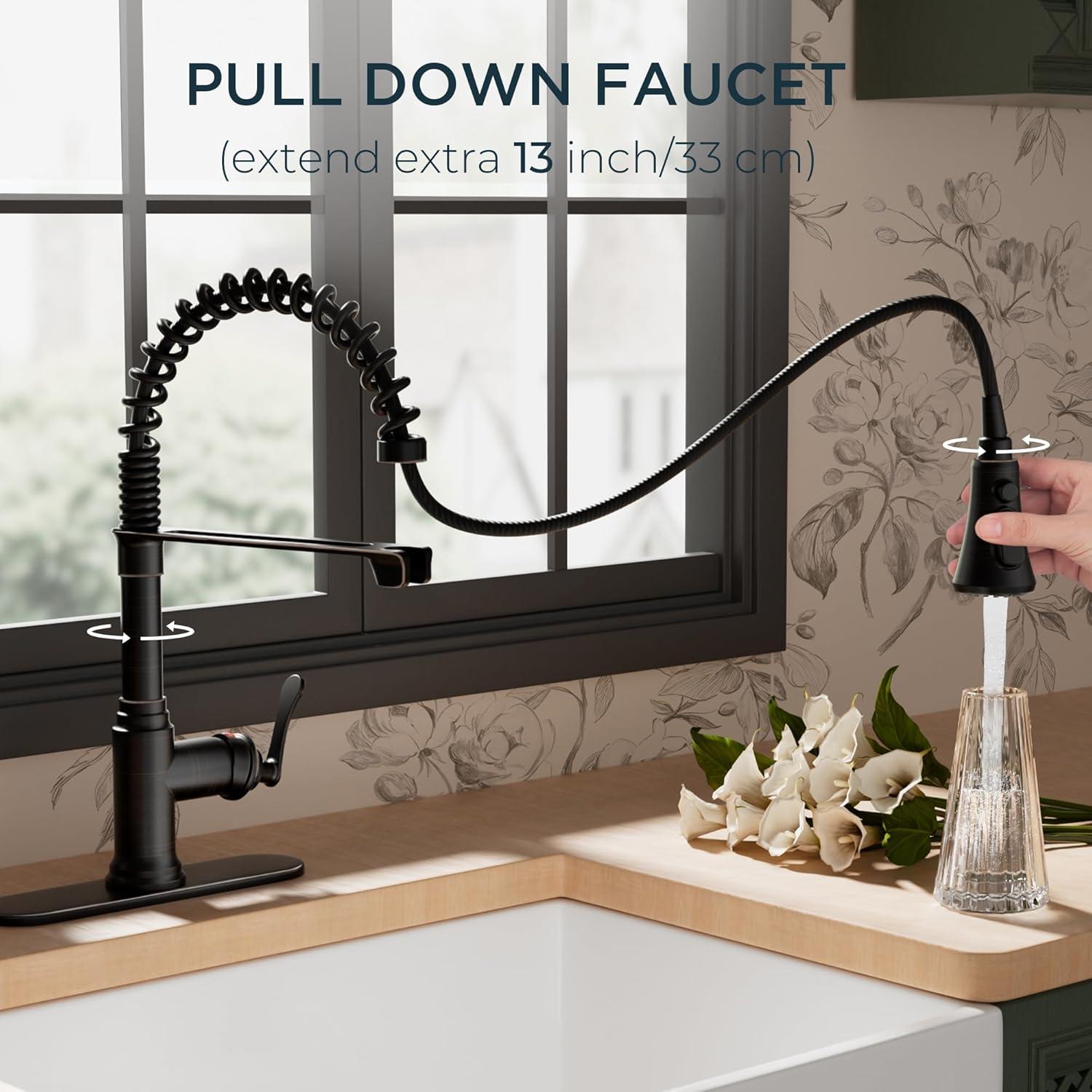 FORIOUS Rustic Kitchen Faucet with Pull Down Sprayer Oil Rubbed Brown, 3 Modes Stainless Steel High Arc Vintage Spring Sink Faucet 1 or 3 Holes for Pot Filler, Farmhouse Camper Wet Bar