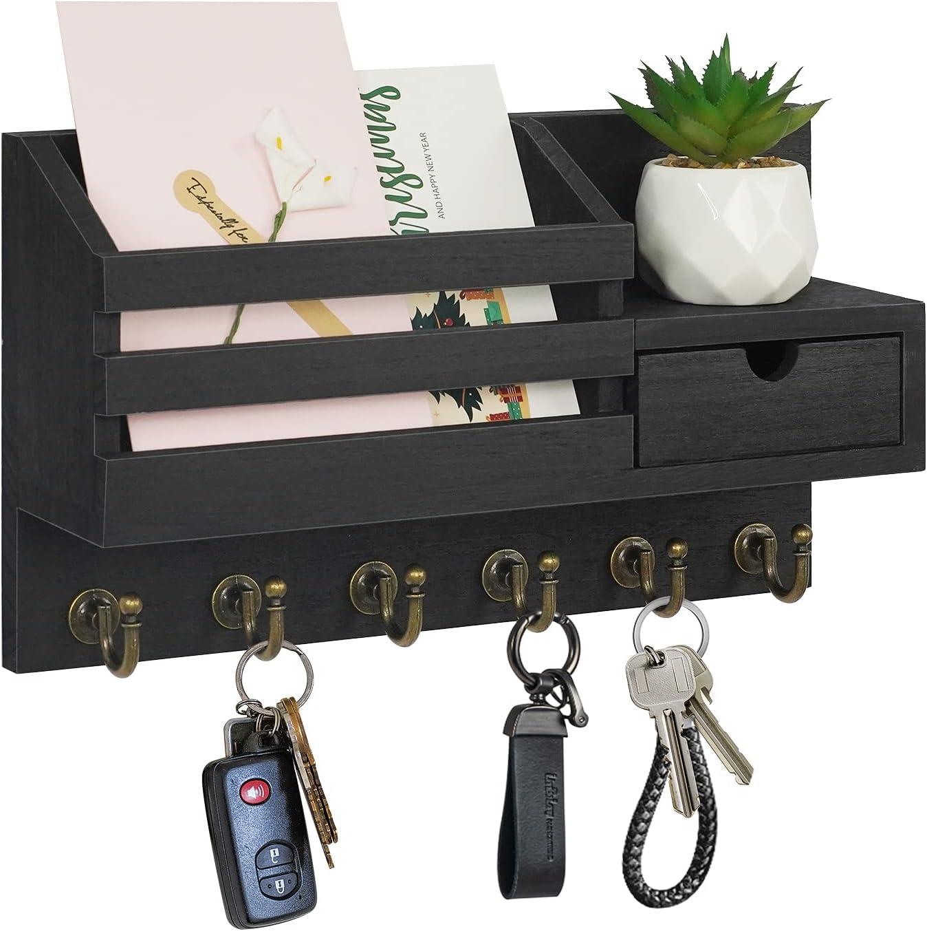 Mail Organizer Wall Mount with 6 Hooks Key Holder,A-Black