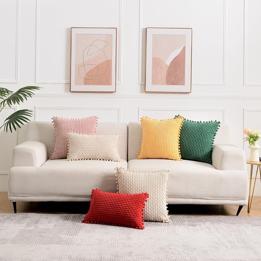 Boho Sage Green Striped Corduroy Pillow Covers - Set of 2 | Farmhouse Rectangle Cushion Cases for Sofa Couch Bed | Soft Decorative Throw Pillowcases - 12x20 Inch Home Decor