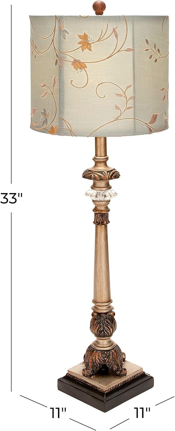 DecMode Antique Style Floral Gold Buffet Lamp with Blue Fabric Shade (2 Count)