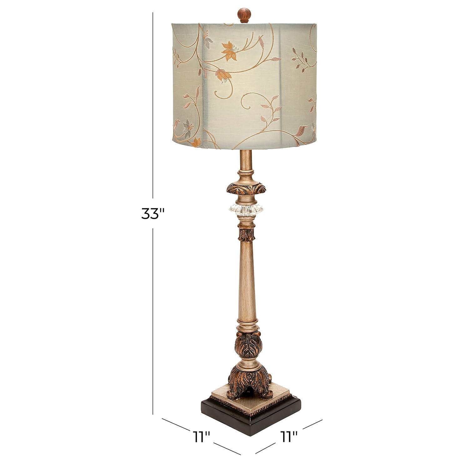 DecMode Antique Style Floral Gold Buffet Lamp with Blue Fabric Shade (2 Count)