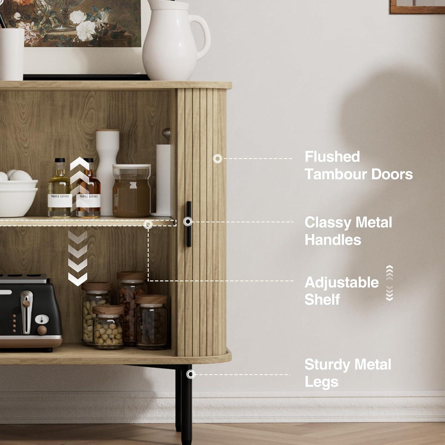 31''W Natural Buffet Sideboard Cabinet with Storage, Fluted Storage Cabinet with Curvy Edge; Sliding Door, Freestanding Accent Credenza, Console Table for Living Room, Kitchen, Hallway