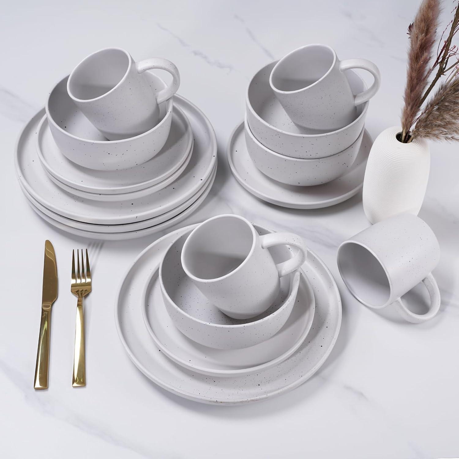 Elanze Designs Shiny Speckled Ceramic Dinnerware 16 Piece Set - Service for 4, White