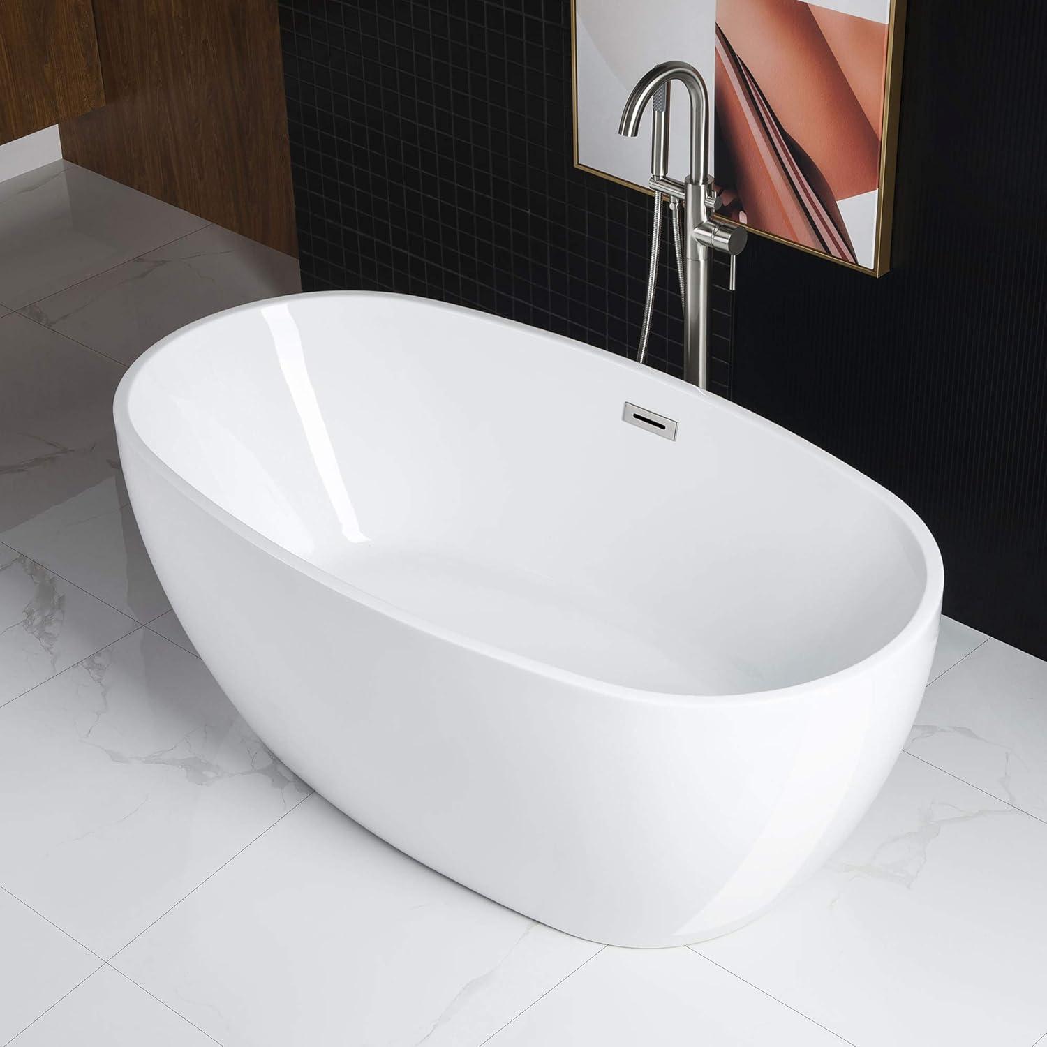 White Oval Acrylic Freestanding Bathtub with Brushed Nickel Overflow