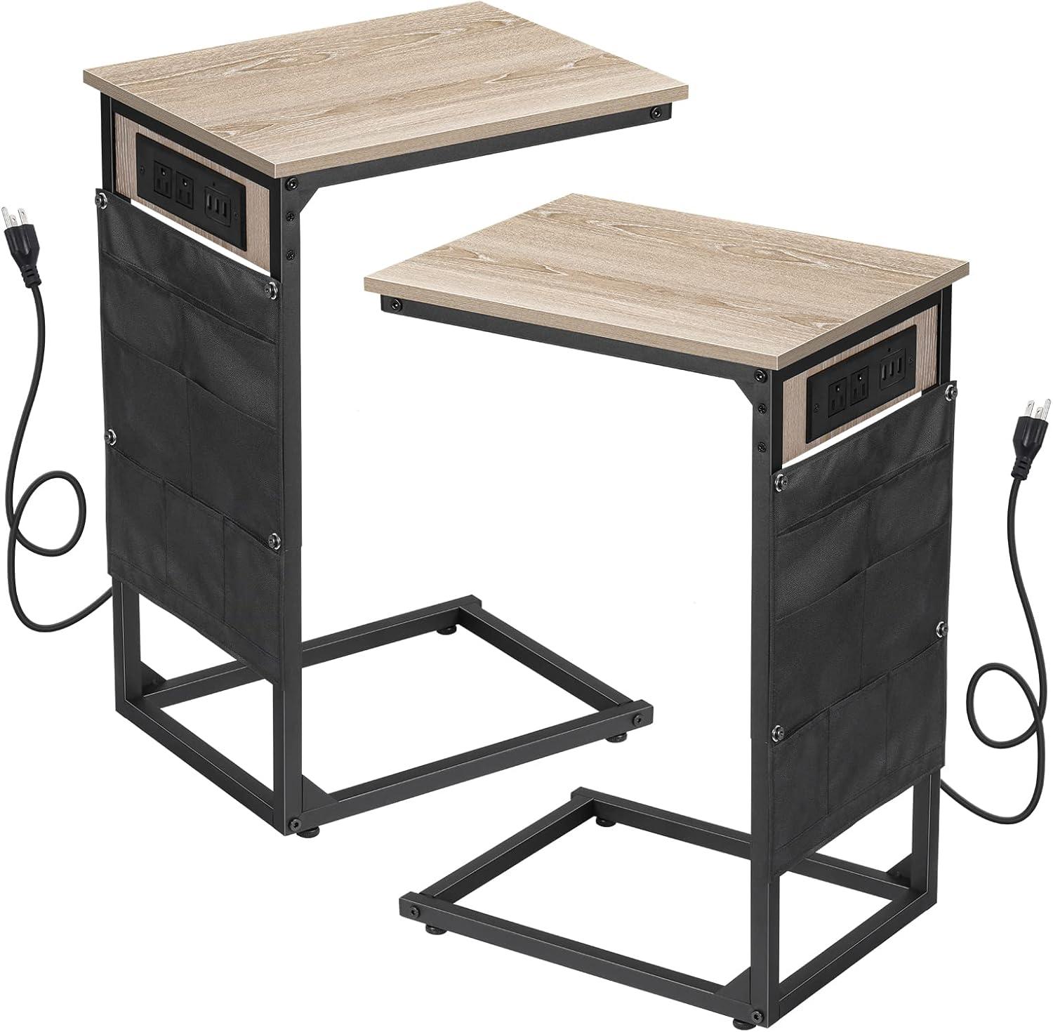 Set of 2 Gray Metal C-Shaped End Tables with Charging Station