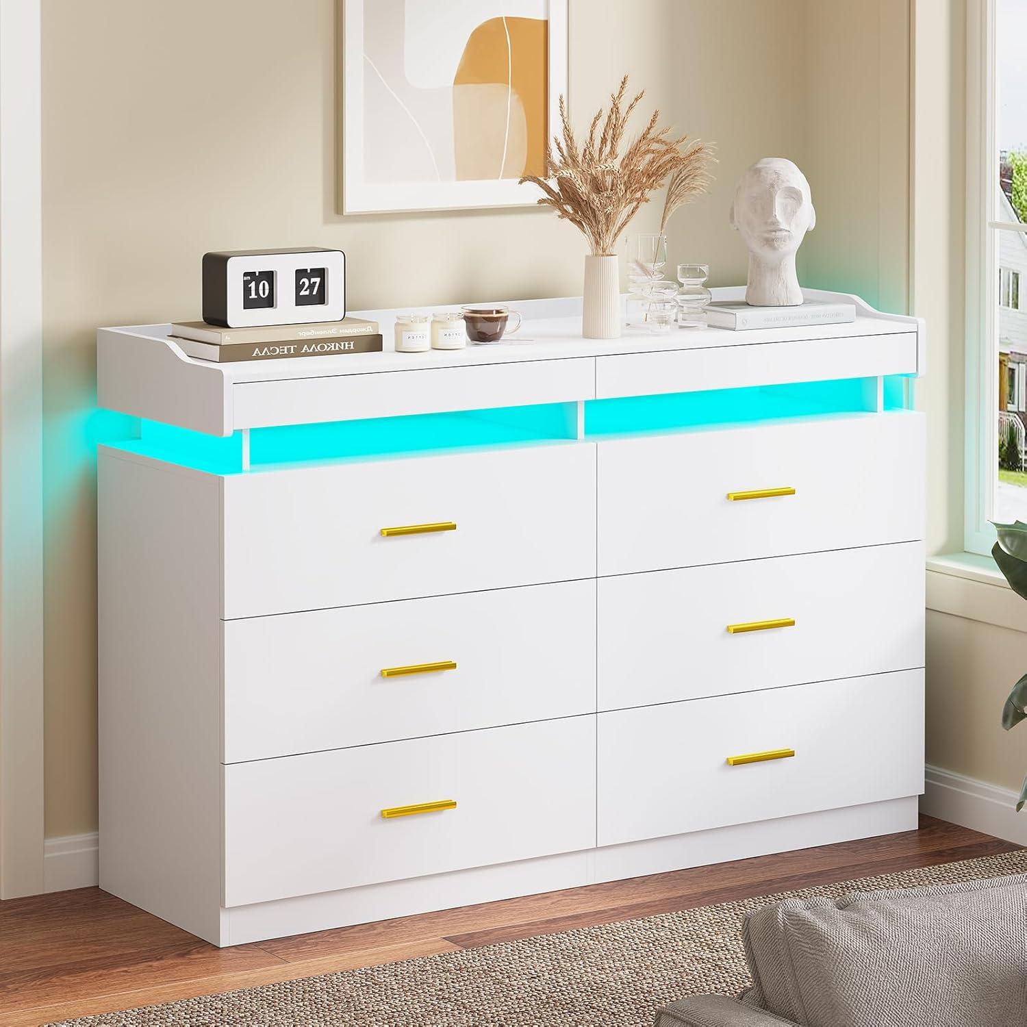 Modern LED Dresser for Bedroom, 6 Drawer Dresser with 2 Pull-Out Trays, Wide Dresser, White