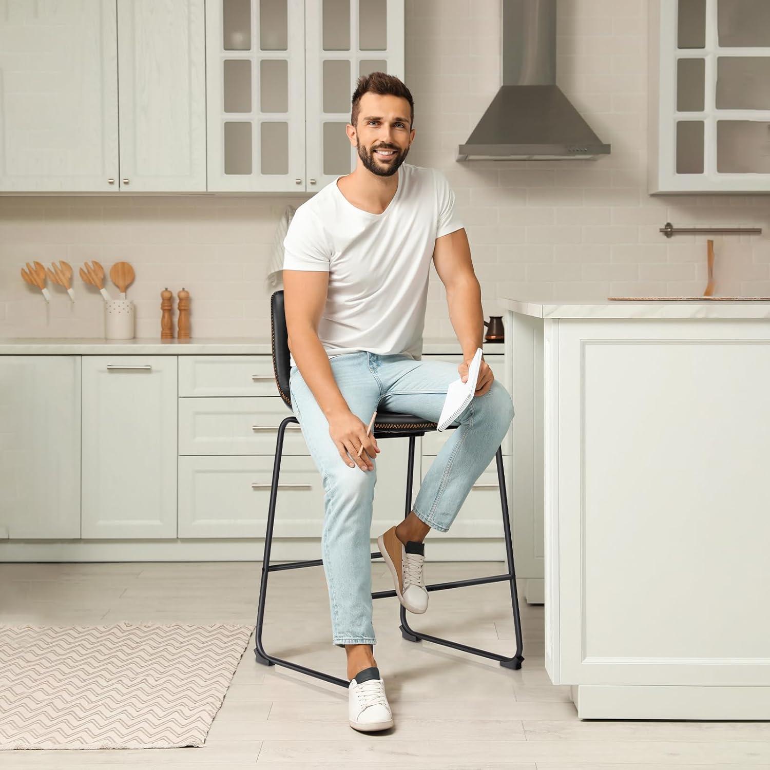 GIKPAL Barstools 26'' PU Leather Counter Height Bar Stools Set of 4 with Back Modern Armless Chairs with Footrest and Metal Legs for Kitchen Living Room Pub, Black