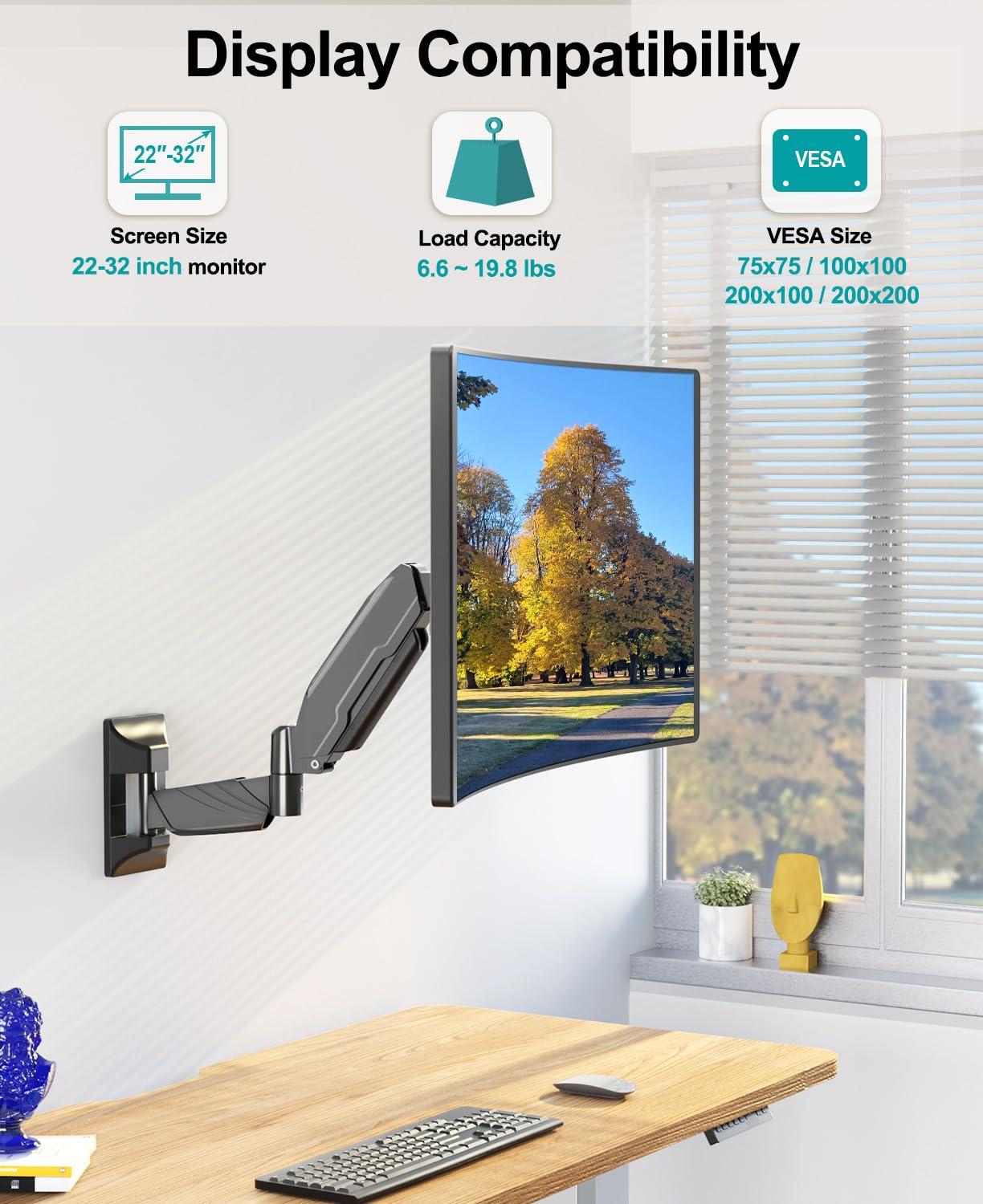 MOUNT PRO Monitor Wall Mount for 13 to 32 inch Computer Screen, Adjustable Single Wall Mount Monitor Arm, Full Motion Vesa Wall Bracket 100x100, Hold up to 17.6lbs, Black