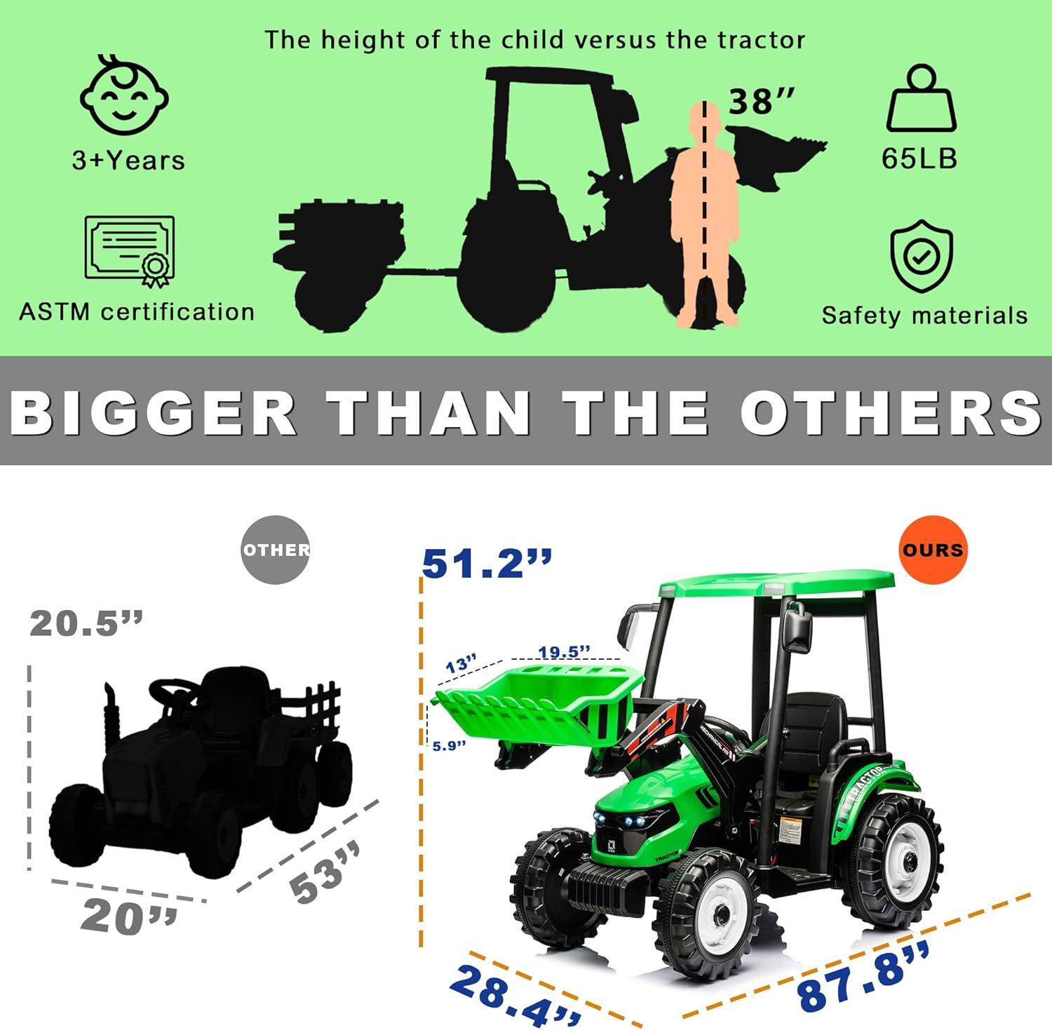 24V Kids Ride On Tractor w/Front Loader, Power Wheels 24V Ride on Toys for Boys Girls, Kids Ride on Excavator w/Dual Motor, Battery Powered Electric Riding Toys (Green Tractor with Front Loader)