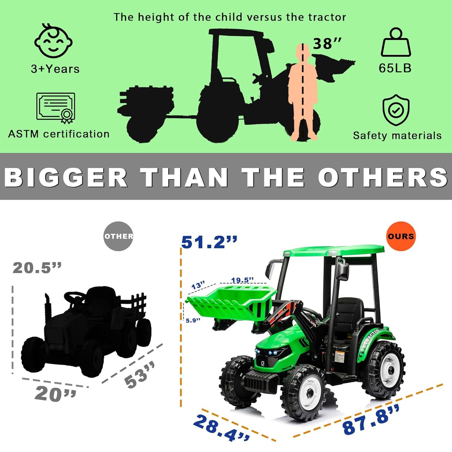 24V Kids Ride On Tractor w/Front Loader, Power Wheels 24V Ride on Toys for Boys Girls, Kids Ride on Excavator w/Dual Motor, Battery Powered Electric Riding Toys (Green Tractor with Front Loader)