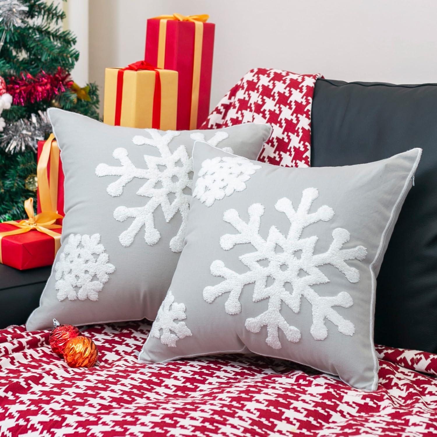 Gray Cotton Embroidered Snowflake Euro Throw Pillow