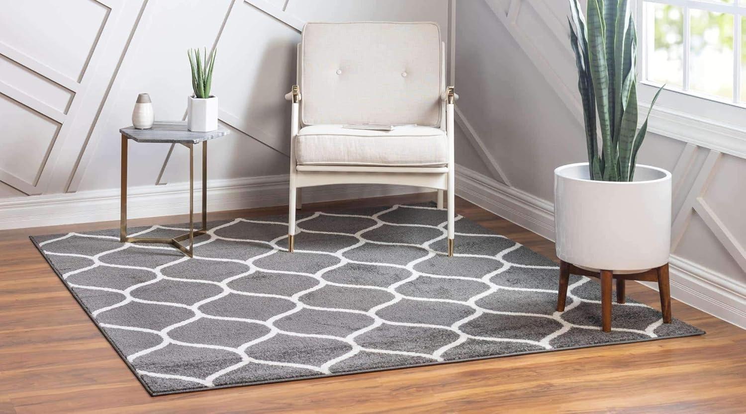 Dark Gray Square Trellis Synthetic Area Rug