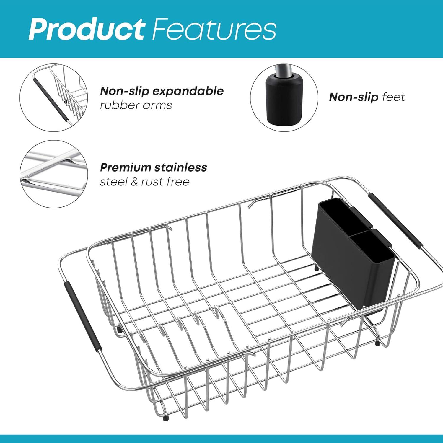 Compact Expandable Over The Sink Dish Drying Rack with Utensil Holder | 304 Stainless Steel Racks for Kitchen Counter, Space-Saving, Rustproof Drainer/Sink Organizer