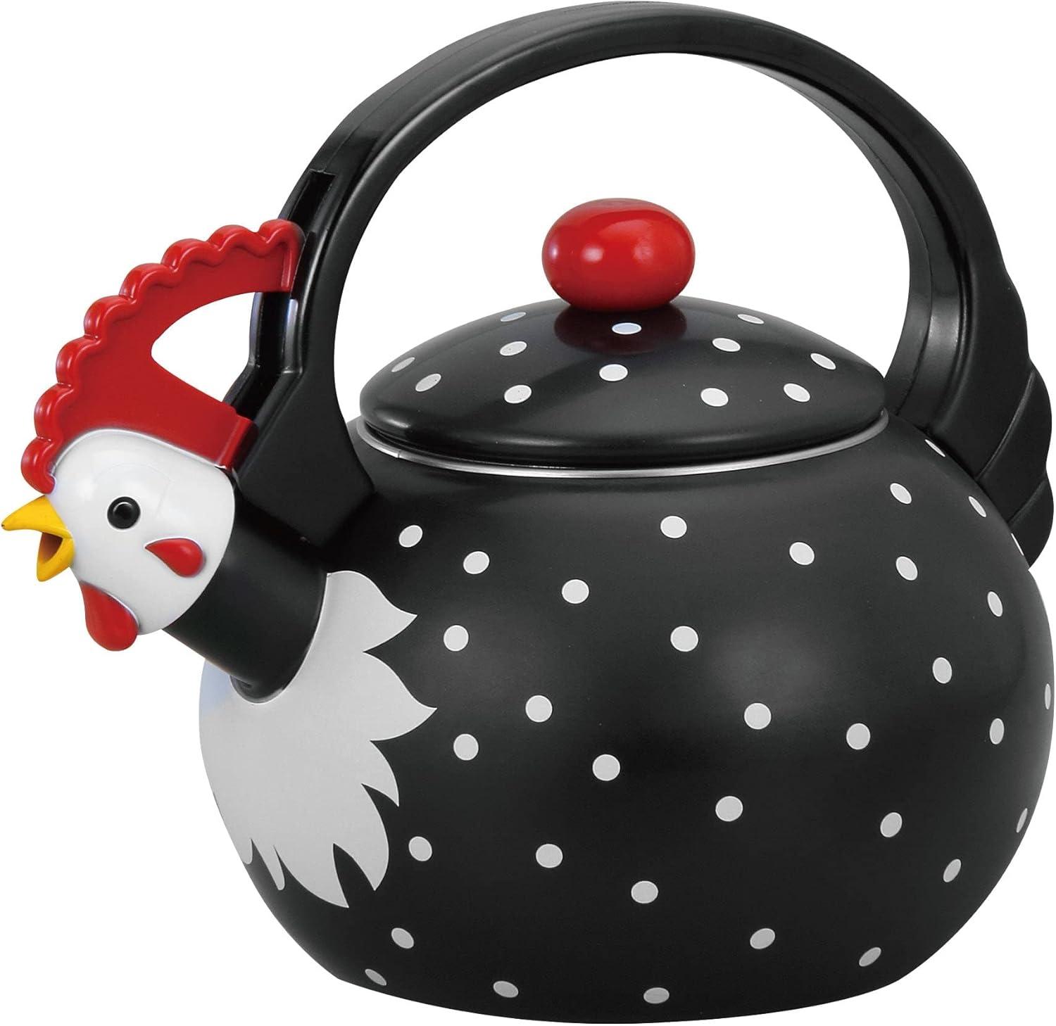 Black and White Polka Dot Rooster Enamel Whistling Tea Kettle