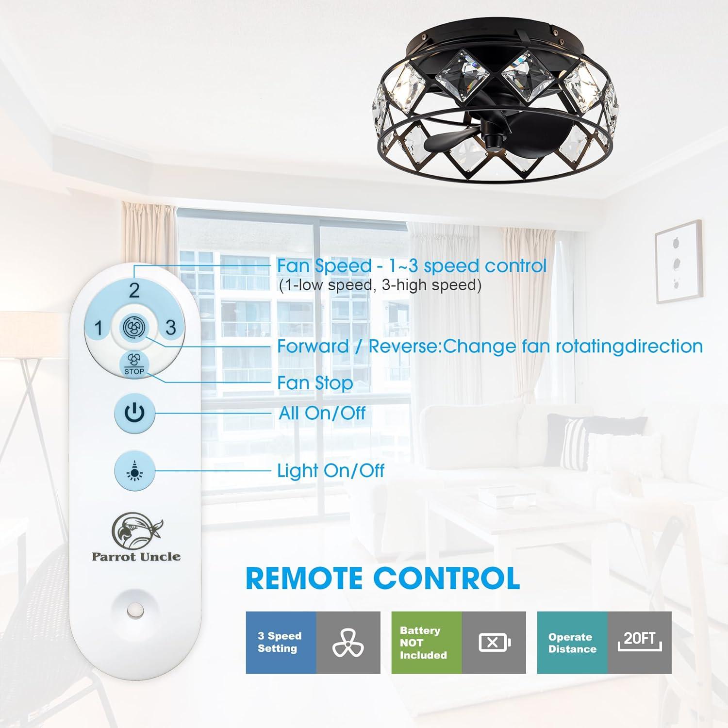 Parrot Uncle 12.2" Modern Black Fandelier 3-Light Caged Crystal Flush Mount Ceiling Fan