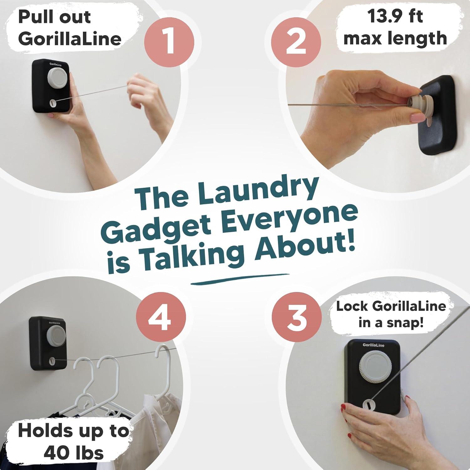 GorillaLine - Retractable Clothesline Indoor Outdoor Clothes Line - Heavy Duty Clothes Drying Laundry Line - Wall Mounted Drying Rack - Air Dry Clothing