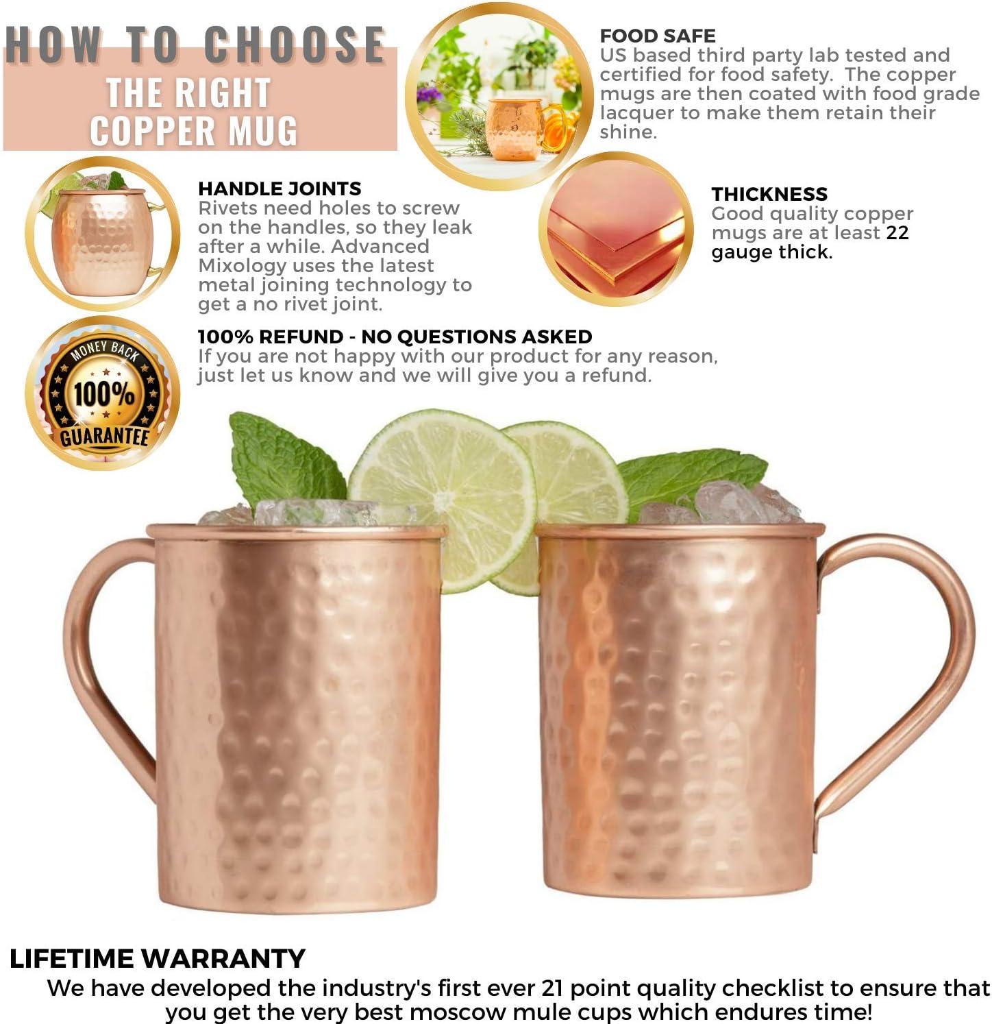 Advanced Mixology Moscow Mule Copper Mugs - Set of 2 - 100% HANDCRAFTED - Pure Solid Copper Mugs 16 oz Gift Set with BONUS: Artisan Wooden Coasters, Cocktail Copper Straws, and Shot Glass!
