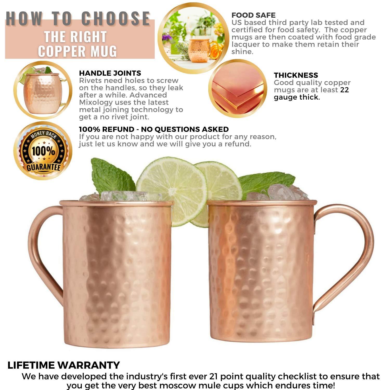 Advanced Mixology Moscow Mule Copper Mugs - Set of 2 - 100% HANDCRAFTED - Pure Solid Copper Mugs 16 oz Gift Set with BONUS: Artisan Wooden Coasters, Cocktail Copper Straws, and Shot Glass!
