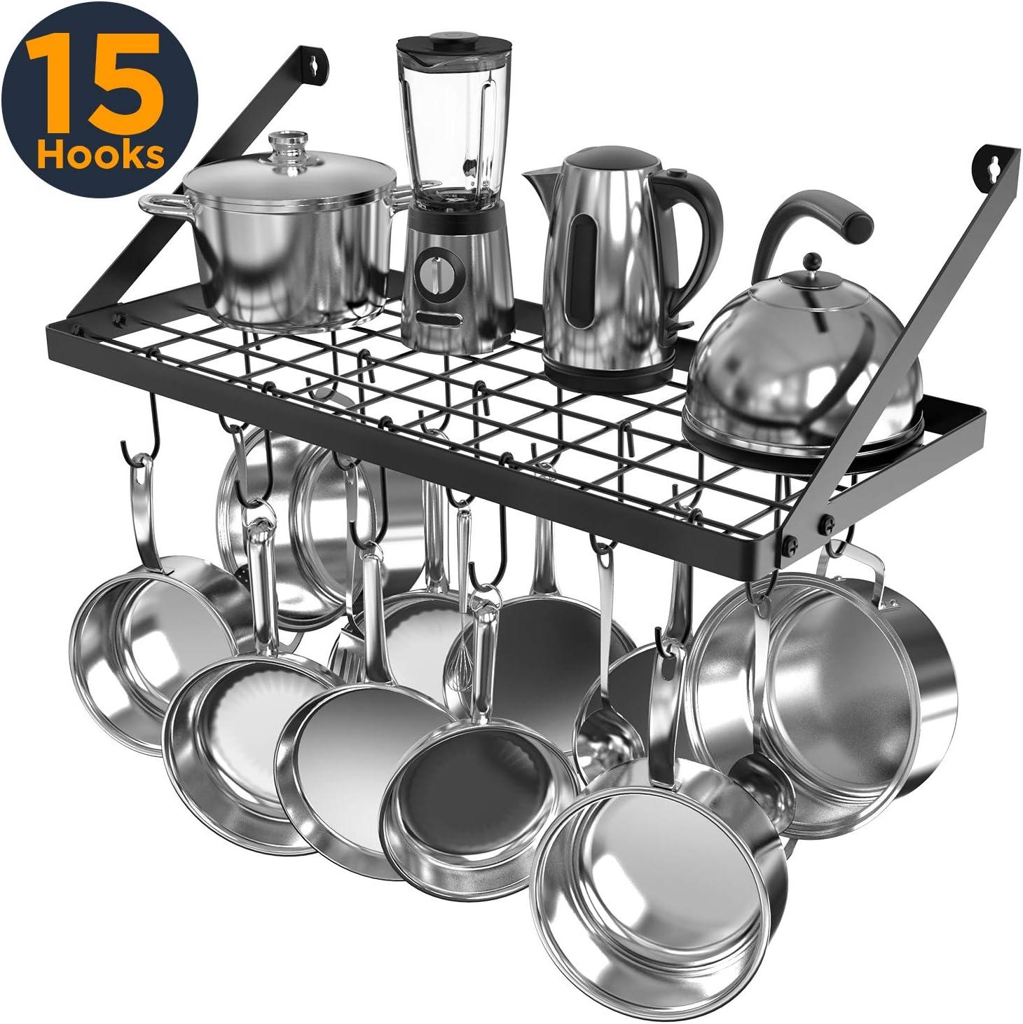 Pot Rack Wall Mounted, Kitchen Square Grid Pots And Pans Organizer And Storage With 15