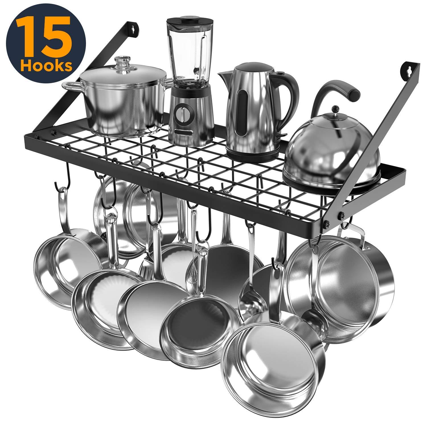 Vdomus Hanging Pots and Pans Organizer - Wall Mounted Pot Rack with 15 Hooks, 29.3 x 13 Inch Heavy-Duty Cookware Organizer for Kitchen Storage - Ideal Pot and Pan Holder with Square Grid Design, Black