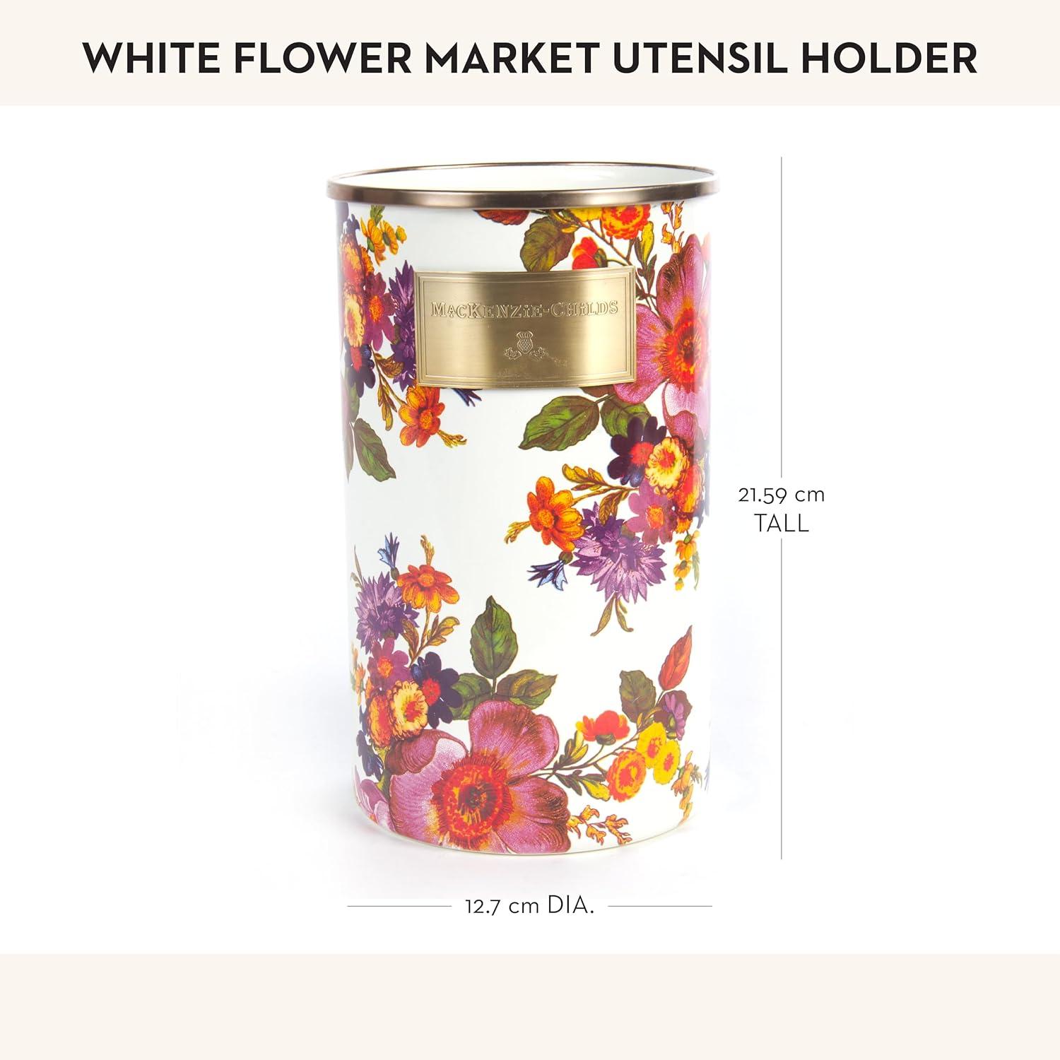 White Floral Painted Steel Cylinder Utensil Crock