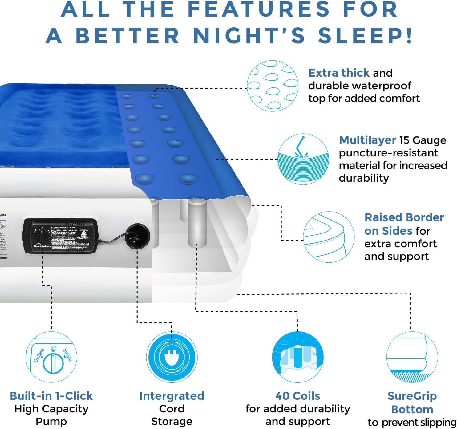 SoundAsleep Dream Series Air Mattress with ComfortCoil Technology & Internal High Capacity Pump -  Twin Extra Long (XL) - Blue