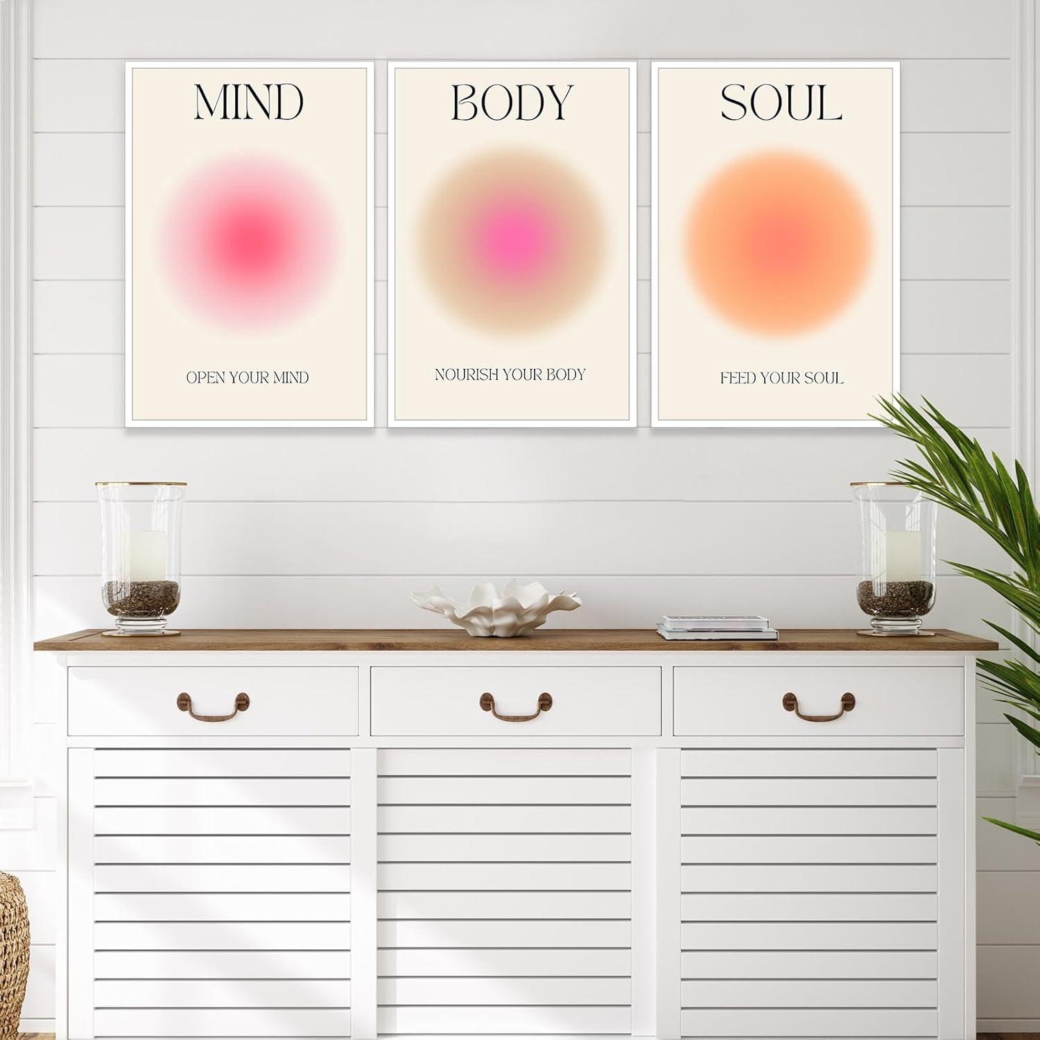 Asdg12s-Positive Aura Posters for Room Aesthetic 3 Piece Colorful Aura Grainy Gradient Canvas Wall Art Spiritual Soul Body Mind Quote Print Painting Danish Pastel Home Wall Decor for Bedroom