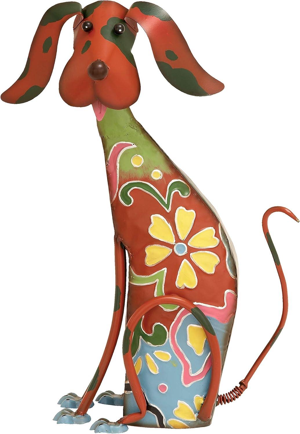 DecMode Eclectic Metal Indoor/Outdoor Multi Colored Dog Sculpture with Floral Design, 12"W x 17"H
