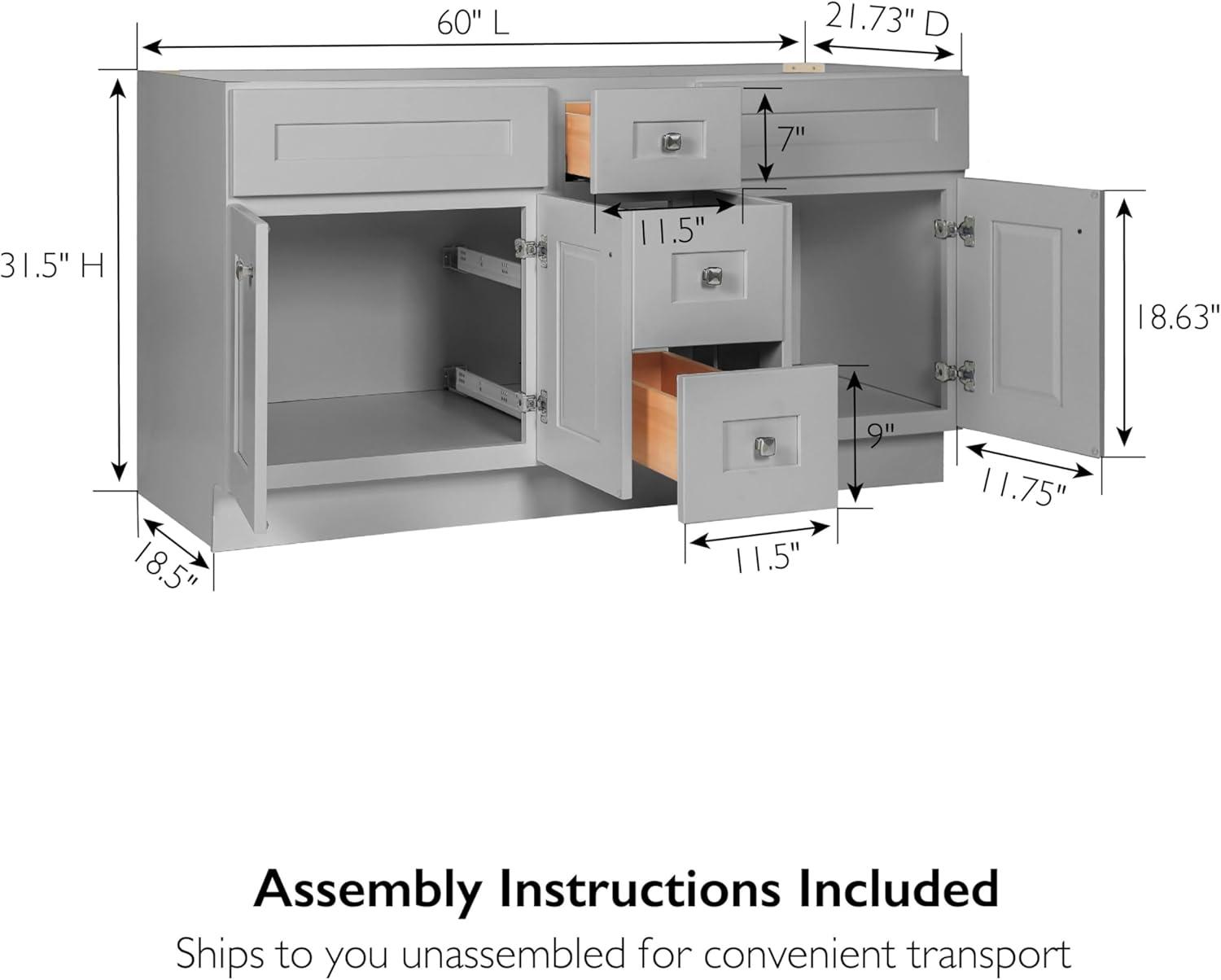 Design House 599019-GRY Brookings 60x21 Unassembled Modern 4-Door 3-Drawer Shaker Bathroom Vanity Cabinet Only, Gray