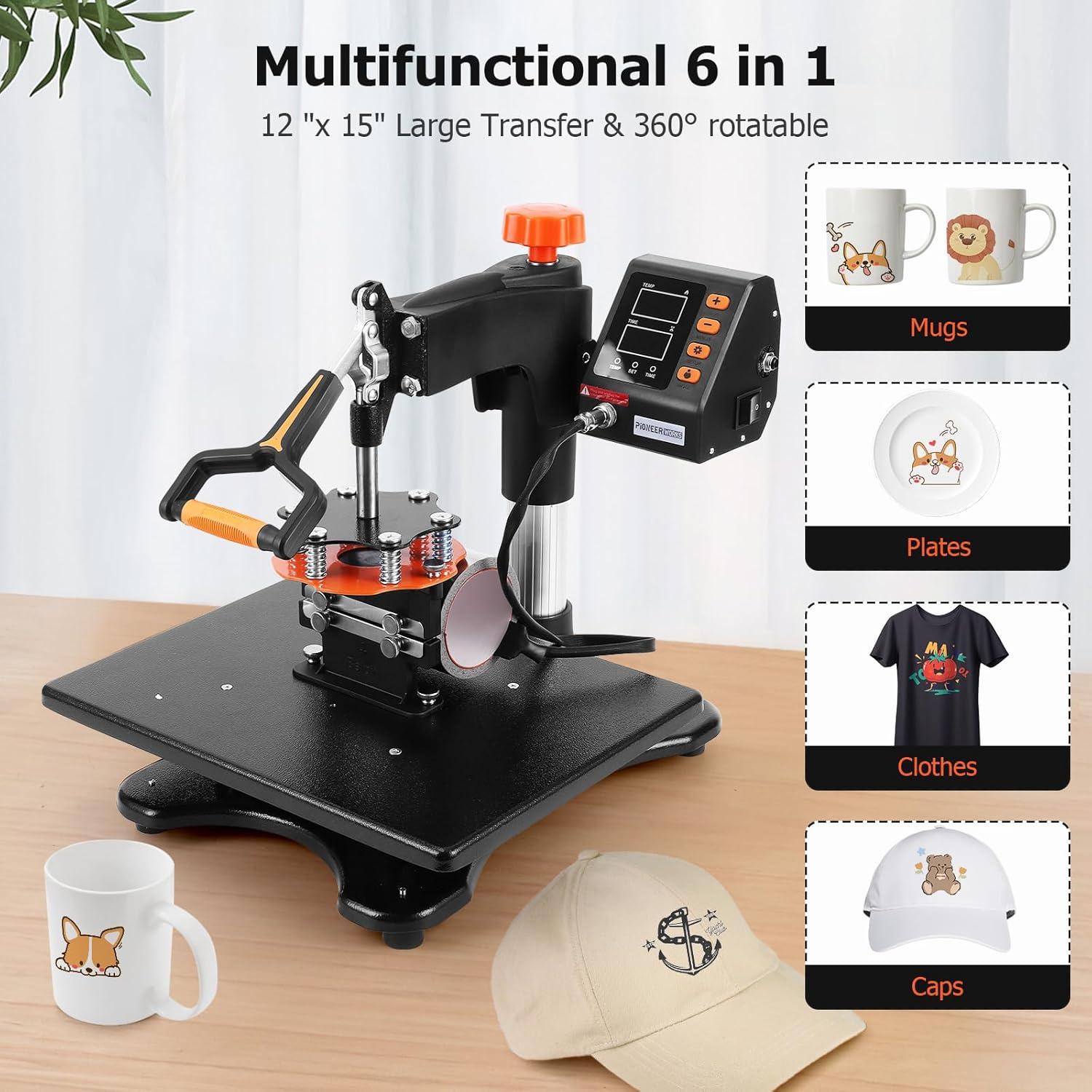 Heat Press Machine,6 in 1 Heat Press Sublimation Machine 360°Rotation Swing Away T Shirt Printing Machine for DIY T Shirts Mug Hat Plate Cap Mouse Pad