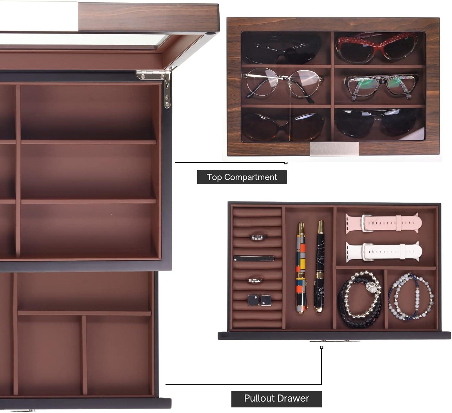 Multi-Purpose Drawer, Sunglasses and Jewelry Box Wooden Storage Organizer with Saddle Brown Leather (Coffee Lover)