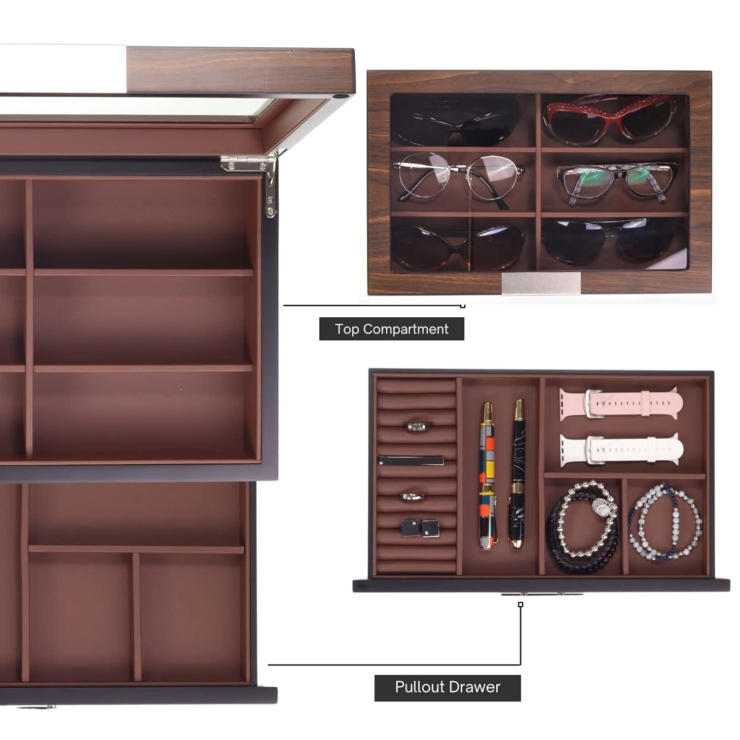 Multi-Purpose Drawer, Sunglasses and Jewelry Box Wooden Storage Organizer with Saddle Brown Leather (Coffee Lover)
