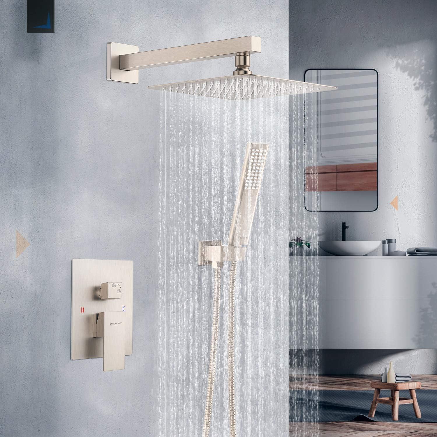 EMBATHER Black Shower System 12 Inches Shower Faucet Set with Square Rain Shower Head and Handheld For Bathroom, Matte Black Shower Combo Set Wall Mounted (Rough-in Valve & Trim Included)