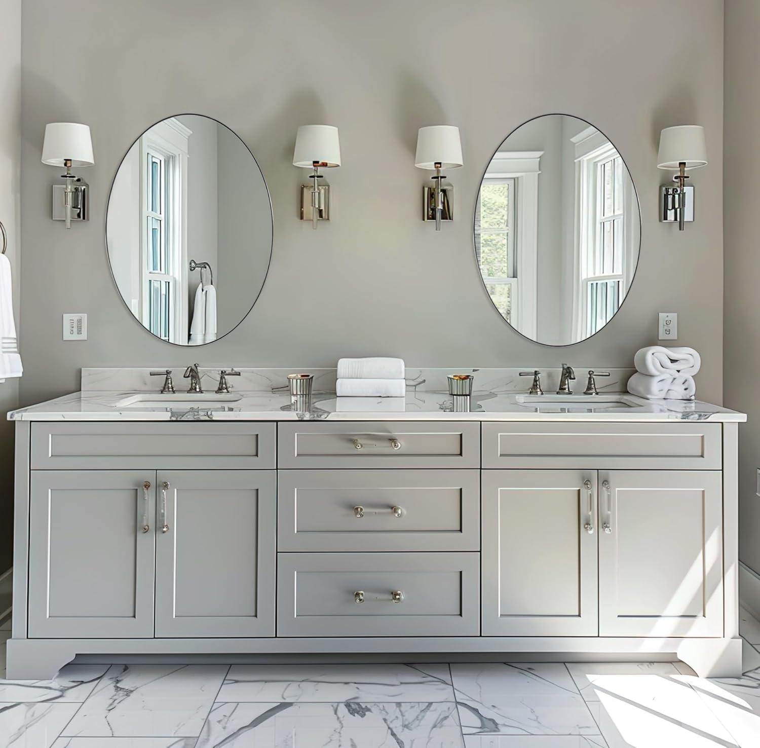 ANDY STAR Oval Bathroom Mirror, 24" x 36" Chrome Stainless Steel Metal Frame Vanity Mirror for Over Sink with Adjustable Tilting Design, Pivoting Mirror for Modern Wall Decor