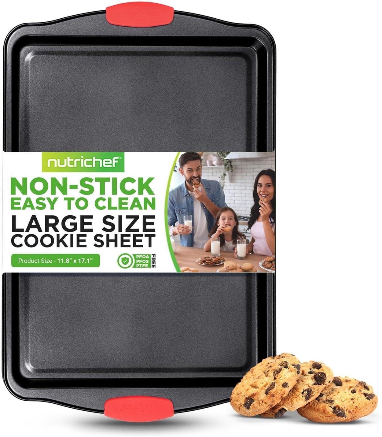 Large Black Nonstick Carbon Steel Cookie Sheet with Red Silicone Handles