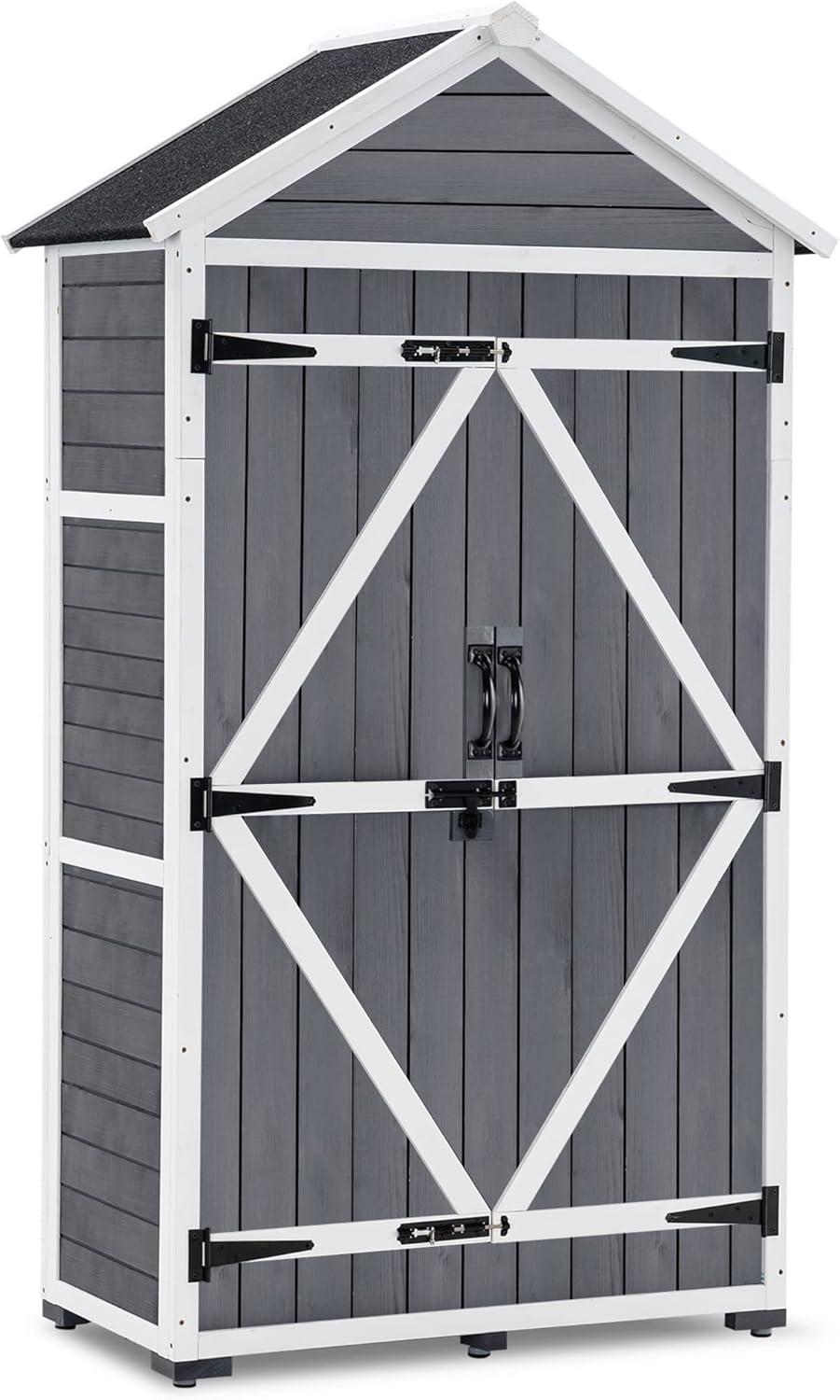 Mcombo  Outdoor Vertical Storage Cabinet Tool Shed with Lockable Double Doors (35.4"x18.9"x70"), Wooden 1000 - N/A Grey