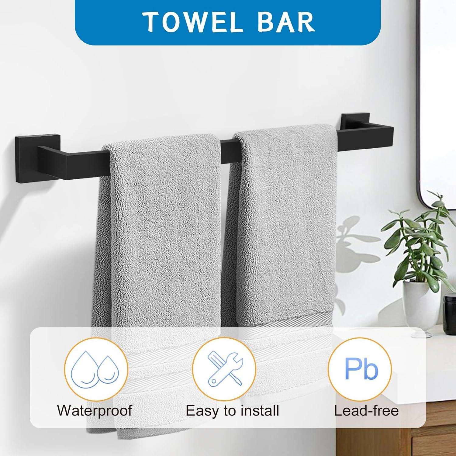 Bathroom Hardware Accessories Set 5 Pieces Matte Black Towel Bar Set Wall Mounted, Stainless Steel, 23.6-Inch