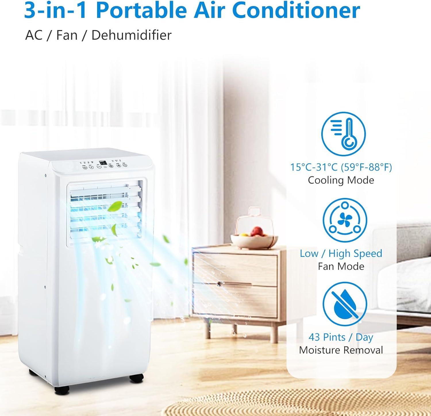 Portable Air Conditioner 3 in 1 with Remote Cool, 10000 BTU(ASHRAE) / 6500 BTU (SACC), Dehumidifier & Fan Modes For Home Up To 450 Sq.Ft, Installation Kit For Room, Office, Dorm, Bedroom