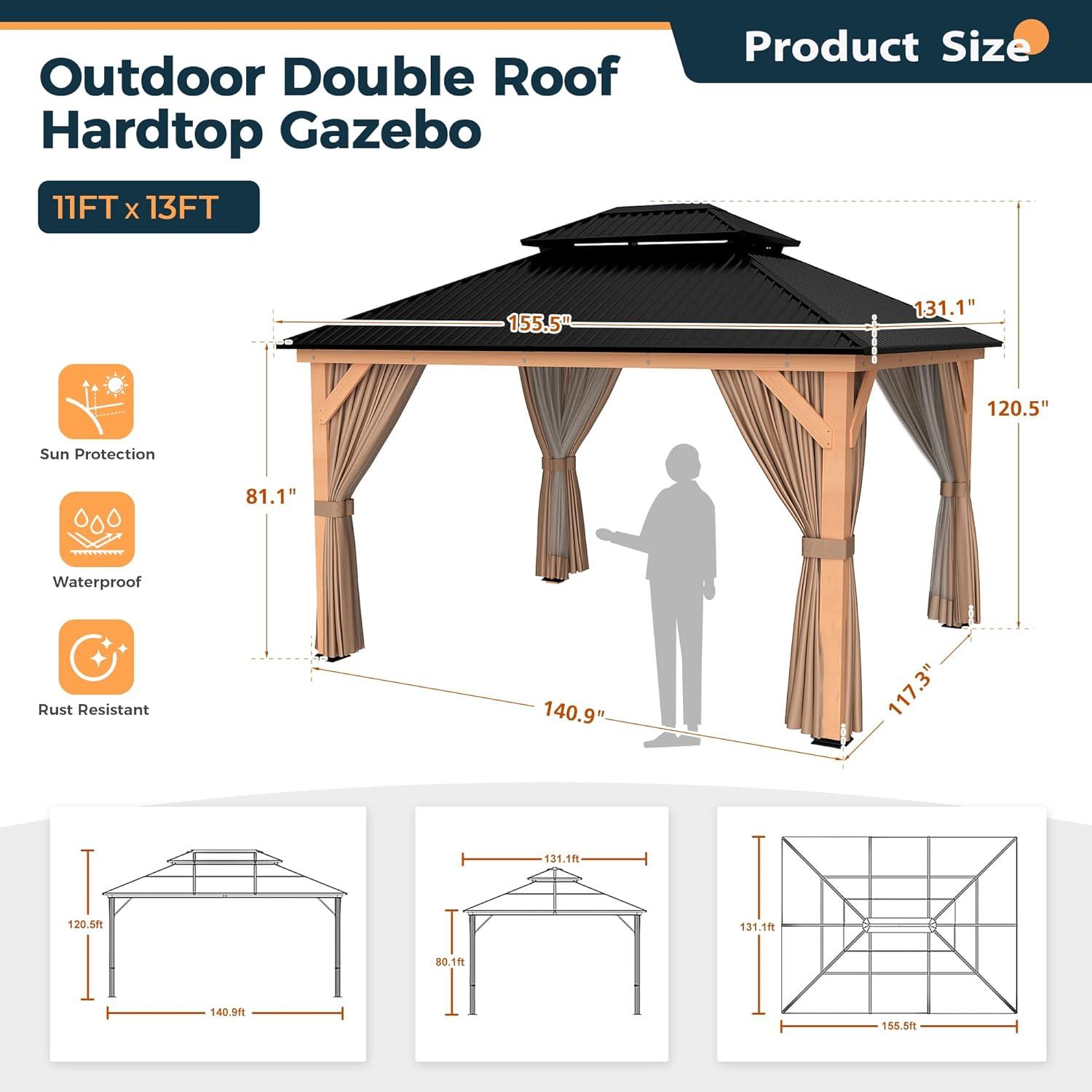 11' x 13' Black Metal Roof Wood Patio Gazebo