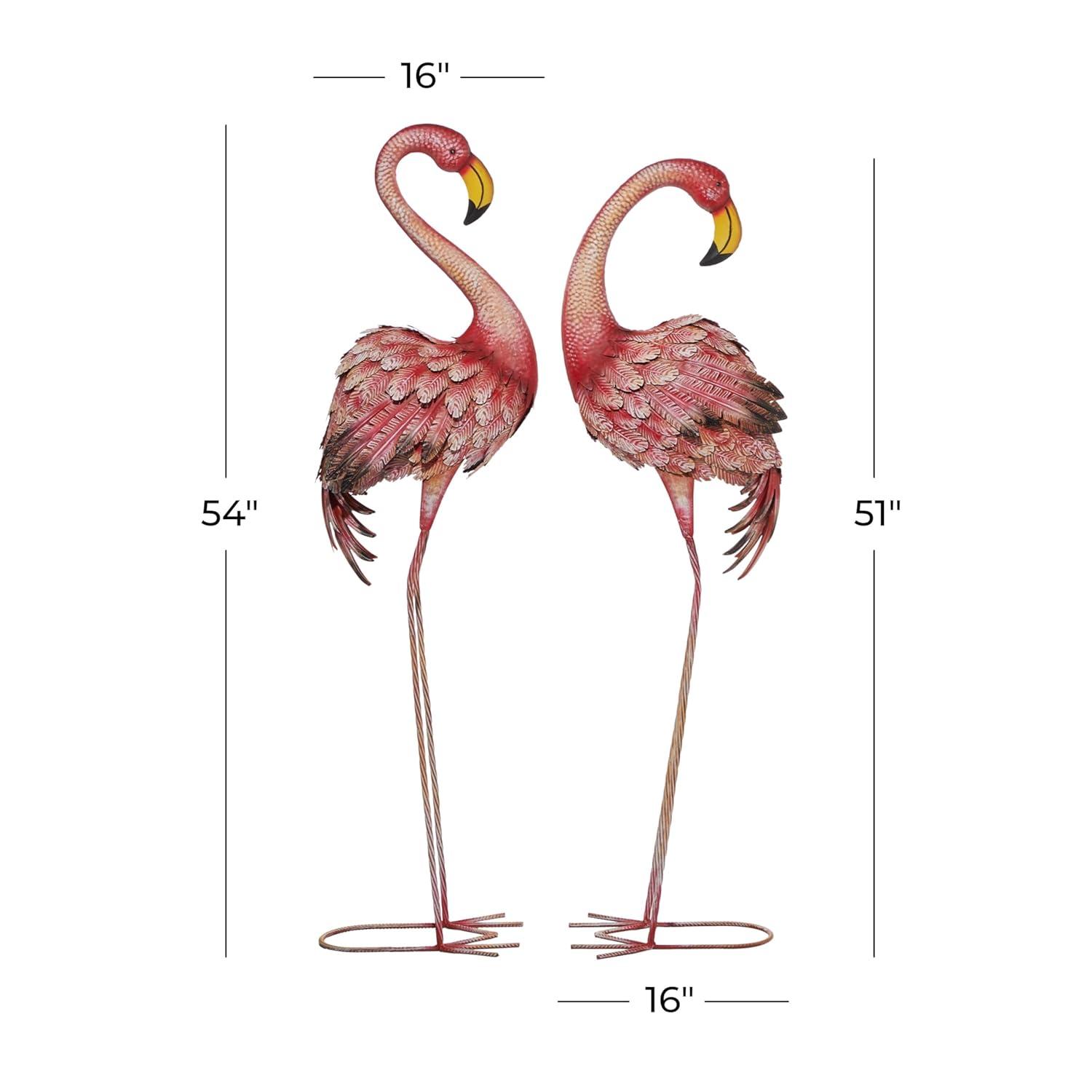 DecMode Coastal Outdoor Metal Standing Pink Flamingo Garden Sculpture, Set of 2 10"W x 38"H