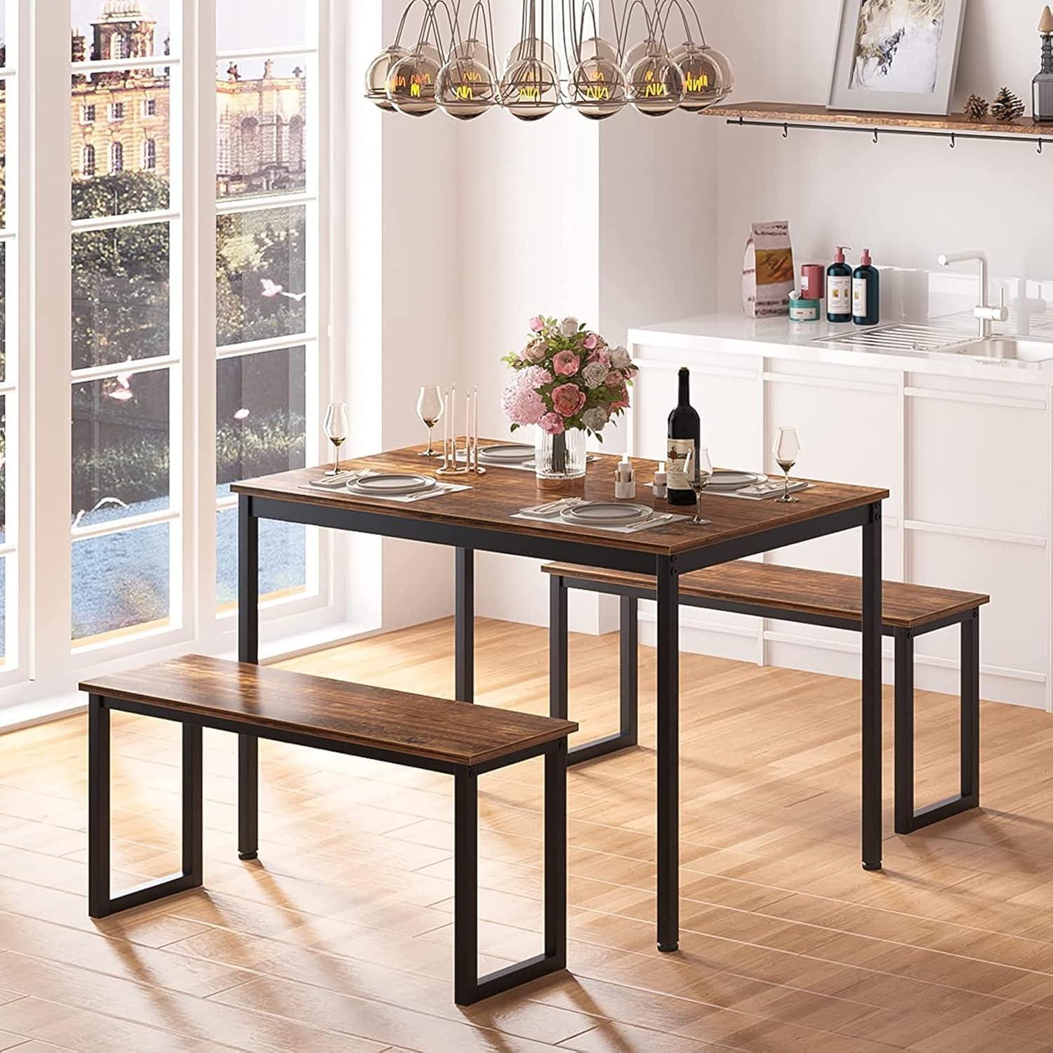 SogesPower Modern Dining Table Set with 2 Benches, 3 Piece Dining Table Set- White