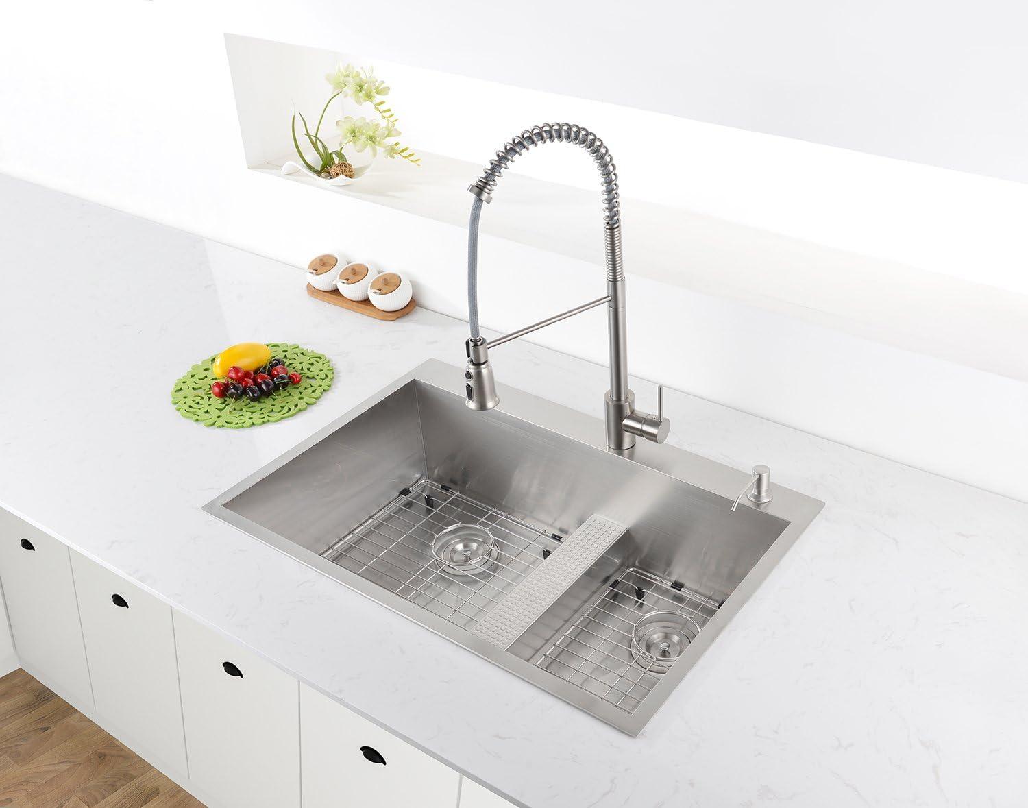 Ruvati 33-inch Drop-in Low Platform-Divide Zero Radius 60/40 Double BowlTopmount Kitchen Sink