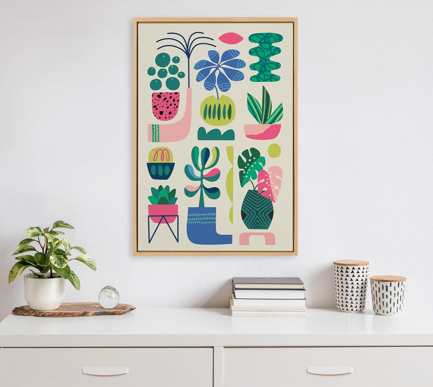 Kate & Laurel All Things Decor Sylvie Houseplants Framed Canvas Wall Art by Rachel Lee Natural Colorful Mid-Century Plant Wall Art