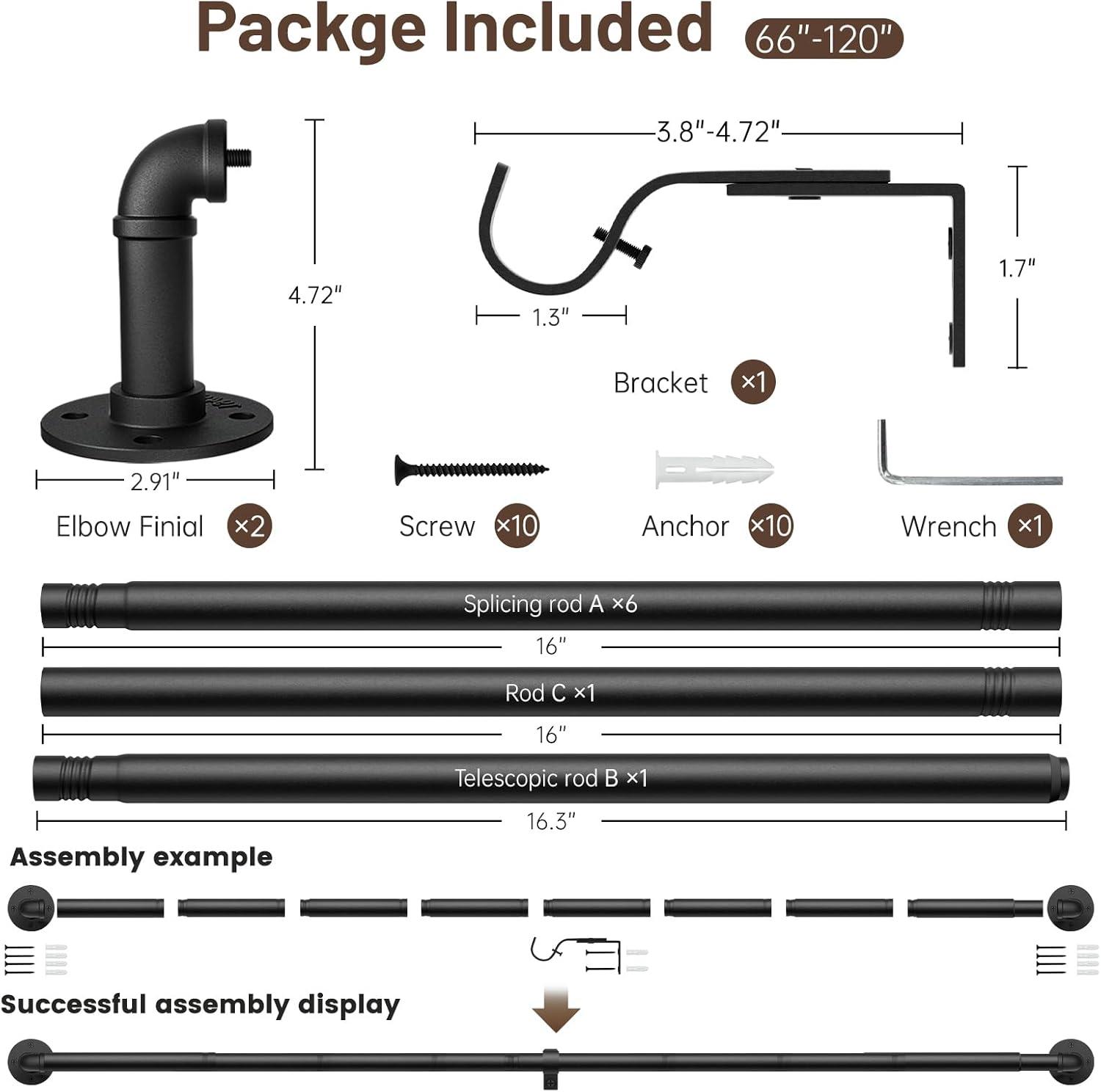 66" to 120"Curtain Rods for Windows, 1 inch Industrial Curtain Rod, Adjustable Wrap Around Black Curtain Rods, Black Industrial Indoor/Outdoor Curtain Rod