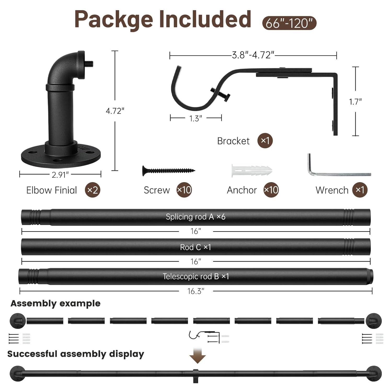 66" to 120"Curtain Rods for Windows, 1 inch Industrial Curtain Rod, Adjustable Wrap Around Black Curtain Rods, Black Industrial Indoor/Outdoor Curtain Rod