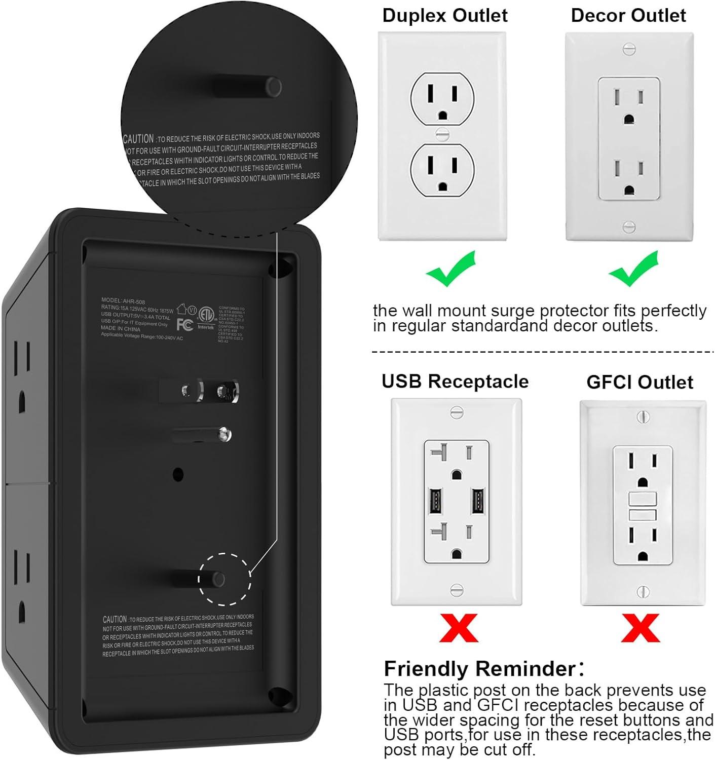 Black 6-Outlet Surge Protector with USB Ports and Night Light