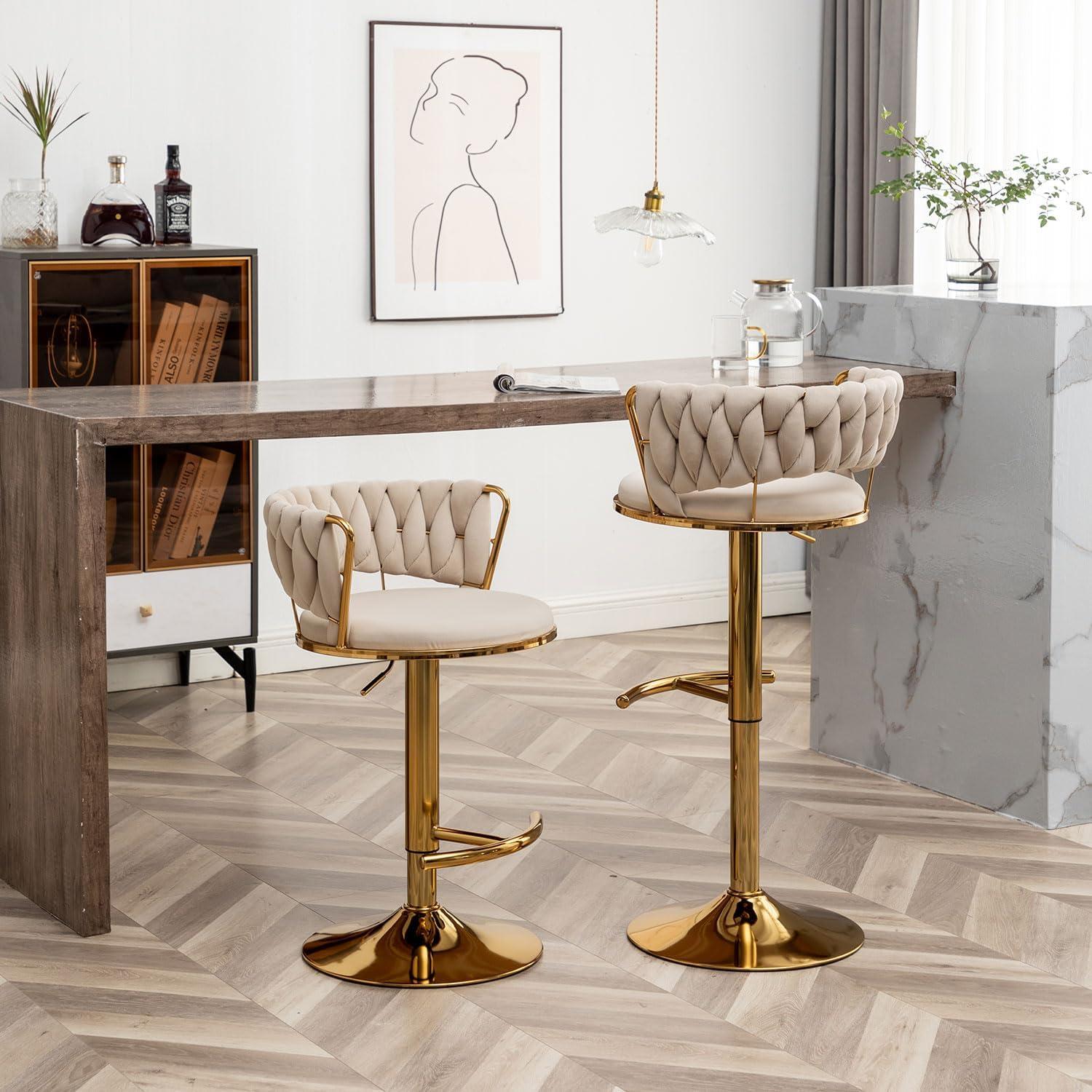 Gold Velvet Bar Stools Set of 4, Counter Height Bar Chairs with Low Back, Swivel Bar Stool for Kitchen Island, Bar Pub (Beige)