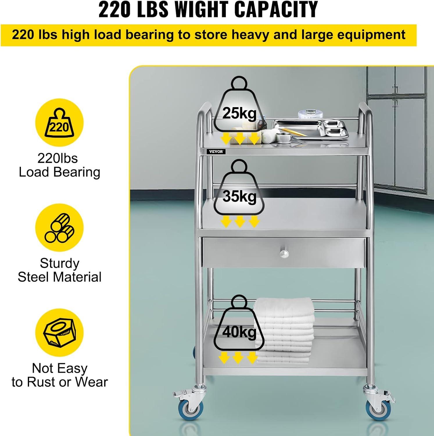 Stainless Steel 3-Shelf Rolling Lab Cart with Drawer