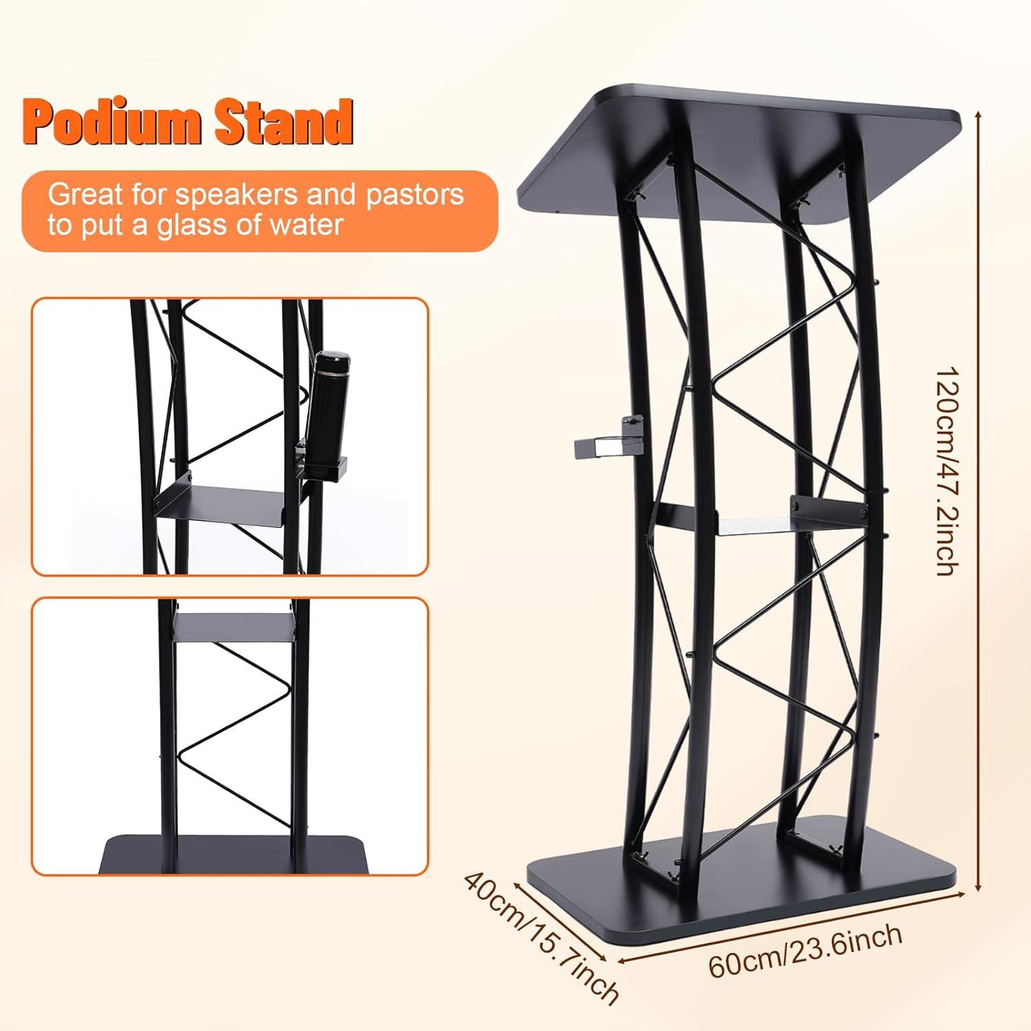 Black Curved Metal Podium Stand with Cup Holder